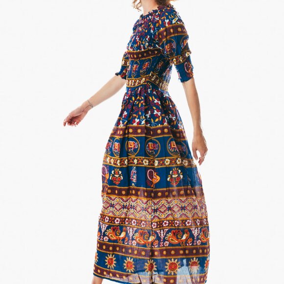 Blue peasant maxi dress short sleeve off shoulder boho summer floral tie dye - Picture 2 of 4